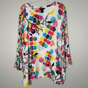 Ali Miles plus size 3X  jersey stretch top white colorful art to wear 3/4 sleeve